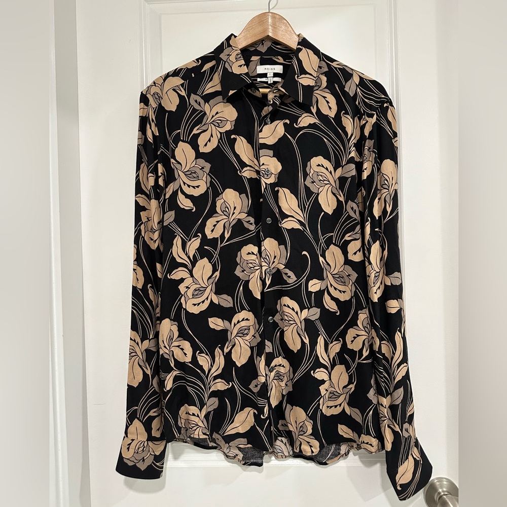 Reiss Black and Tan Floral Button Down Shirt Men’s Size Large Slim Fit